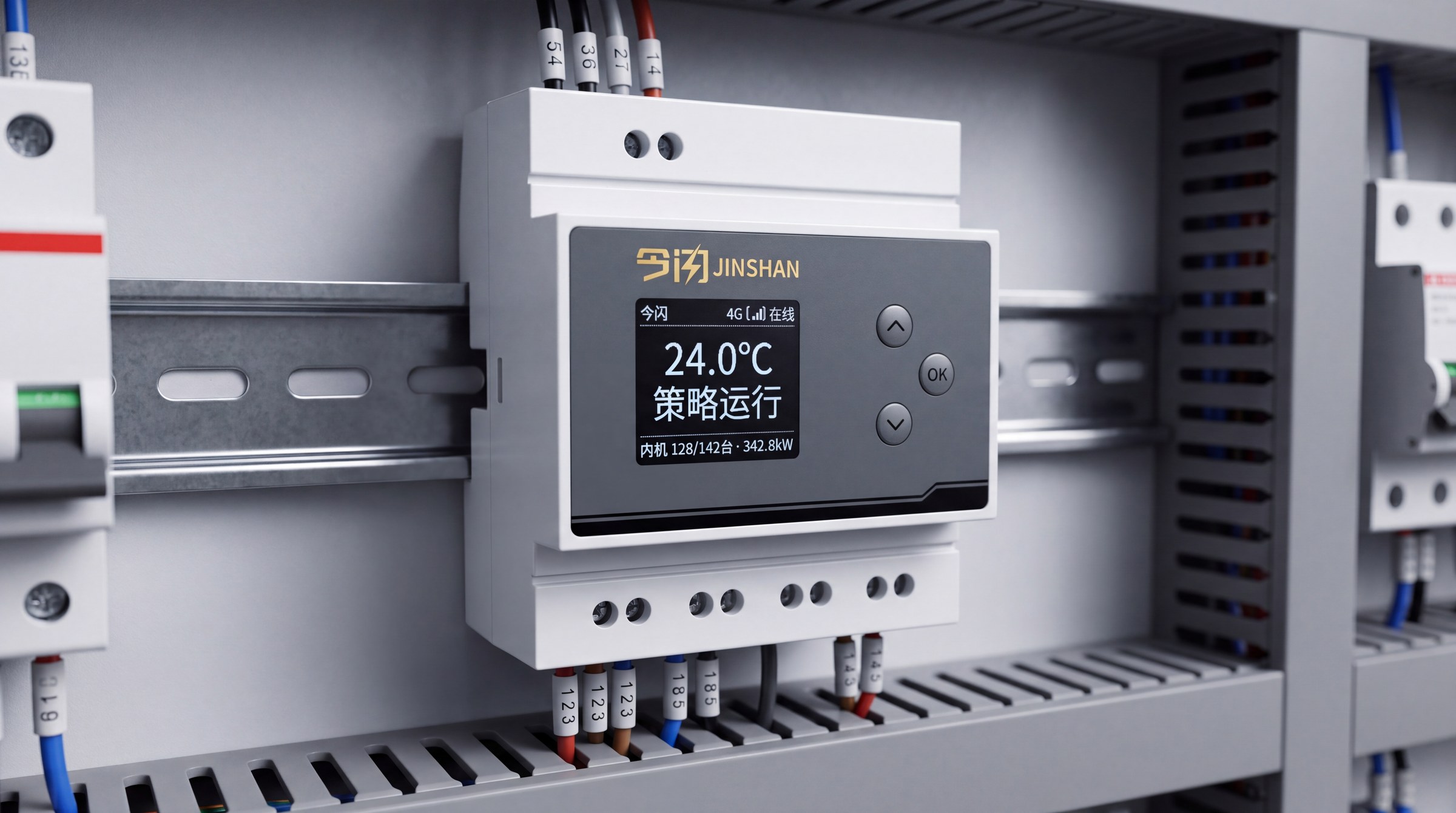 今闪工业级 4G 智能主机配电箱标准 35mm 导轨实装特写，OLED 屏幕点亮显示 24.0℃ 策略运行